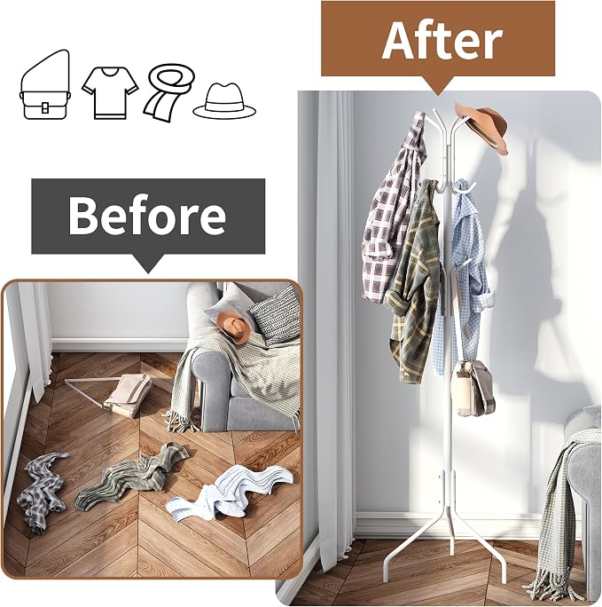 Coat Rack Freestanding Coat Tree Standing Hat Hanger Jacket Organizer Rack Metal,18.3" L x 18.3" W x 71.5" H,White