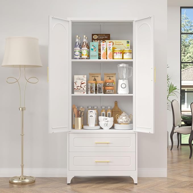 SteeLoong 75" Kitchen Pantry Cabinet, Metal Storage Cabinet with 2 Drawers | White Pantry Cabinets for Kitchen Storage with 2 Adjustable Shelves,Tall Freestanding Cupboard for Living Room,Kitchen,Garage