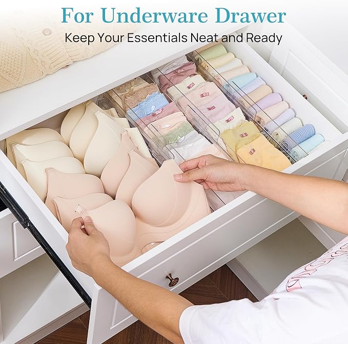 Vtopmart 4 Pack Drawer Dividers for Clothes, 4" High 10.2"-16.5" Adjustable Expandable Dresser Drawer Organizer, Clear Plastic Separators for Dresser, Baby Clothing, Underwear, Cosmetic, Toiletries