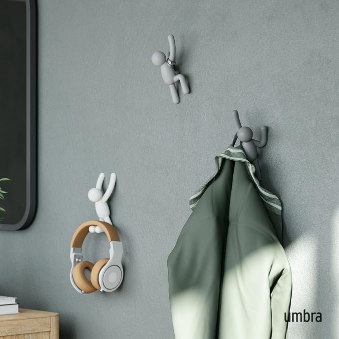 Umbra Buddy Wall Hooks, Decorative Wall Mount Coat Hooks, Set of 3, Grey | Easy install with hardware, holds 5lbs per hook, entryway bedroom bathroom dorm, playful hanging storage, recycled plastic