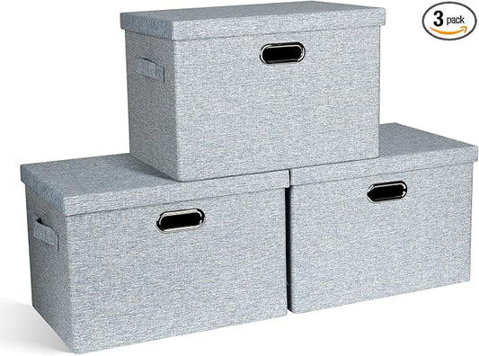 Storage Bins with Lids Fabric Closet Organizers Cubes Office Organization | 36 Quart 3 Pack Blue-Grey Collapsible Stackable Linen Fabric 4 Handles Bedroom Closet Cabinet Under Bed Clothes Toy Office