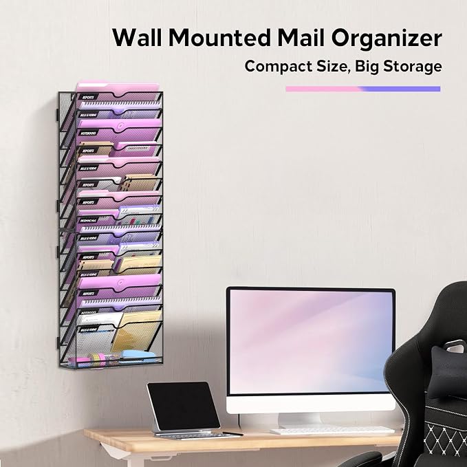15-Tier Wall File Organizer with Base, Wall Mounted File Holder | Vertical Hanging File Organizer with Open Compartments and Label Holders for Mail, Folders and Paperwork at Home or Work