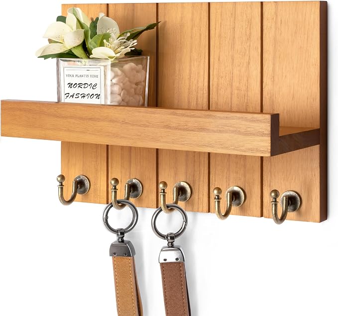 Rebee Vision Key Holder Wall Mount with Shelf for Living Room, Light Brown | 3.54" x 10" x 7.28", 5 Hooks, Key Holder for Wall, Mail Organizer, Floating Shelf, Apartment Essential, Rustic Decor Accent