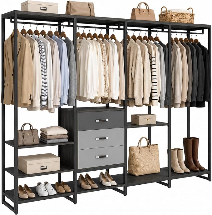 Freestanding Closet Organizer System with 3 Drawers, 6FT Heavy Duty Clothing Rack with Shelves and 6 Hanging Rods, Large Corner L Shaped Garment Rack, Grey Oak