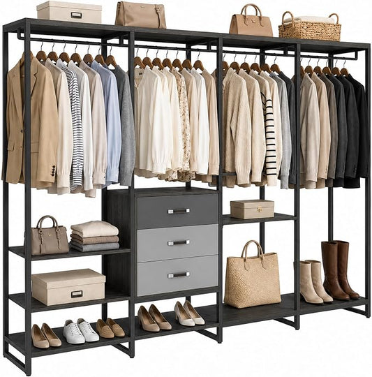 Freestanding Closet Organizer System with 3 Drawers, 6FT Heavy Duty Clothing Rack with Shelves and 6 Hanging Rods, Large Corner L Shaped Garment Rack, Grey Oak