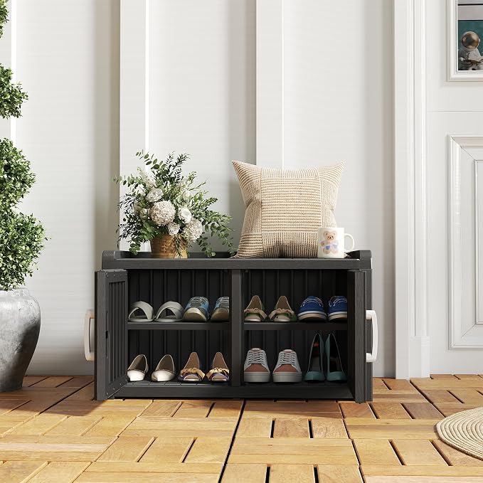Outdoor Shoe Storage Cabinet, Waterproof UV-Resistant Entryway Storage Bench Indoor Outdoor with 2 Barn Doors, Adjustable Shelves for Entryway, Bedroom, Hallway,Living Room(Black)