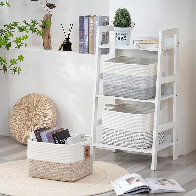 COMFY-HOMI 3PACK Cotton Rope Square Basket with Handles for Shelves| Storage|Baby Basket for GIF|Shoe Basket for Organizing|New13.5" x 11" x 9.5" for Living Room