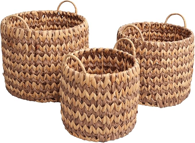 happimess Cassia 3-Piece Handwoven Hyacinth Nesting Baskets, Brown/Natural | Two-Tone Style, Integrated Round Handles, Durable Iron Metal Frame, Coastal Farmhouse Decor, Living Room Storage Containers