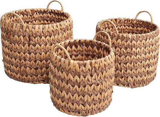 happimess Cassia 3-Piece Handwoven Hyacinth Nesting Baskets, Brown/Natural | Two-Tone Style, Integrated Round Handles, Durable Iron Metal Frame, Coastal Farmhouse Decor, Living Room Storage Containers
