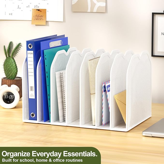 FANXIYQ White 7-Section File Folder Organizer for Desk, Metal Vertical File Holder Stand, Desktop File Organizer Rack for Letter/A4 Folders, Papers, Books, Office Classroom Home