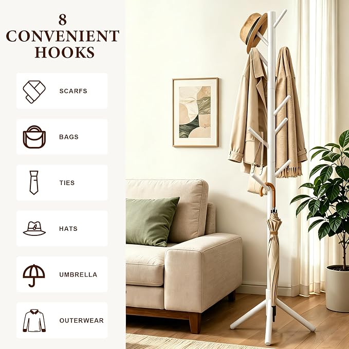 Wooden Coat Rack Freestanding | Coat rack with 8 Hooks & 3 Adjustable Sizes for Clothes, Space-Saving Design for Bedroom Office Entrance Holds Hats Coats