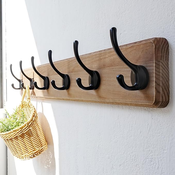 Wall Mounted Coat Rack: 24" Long, Patented, Heavy-Duty, 6-Double-Hooks Wooden Hanger Rail for Winter Coats, Hat, Jacket, Clothing - Weathered Brown, Pack of 2
