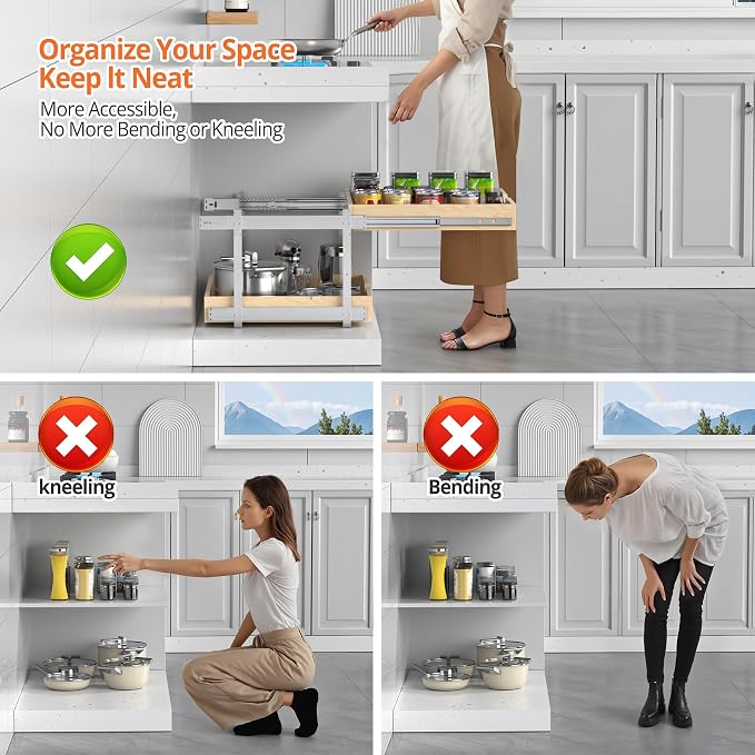 21" Deep 2-Tier Pull Out Cabinet Organizer - Wood Pull Out Drawers | Slide Out Shelves, Full-Extension, Ball-Bearing Slides, 3 Adjustable Heights (2-Tier, 20''W X 21''D Overall)