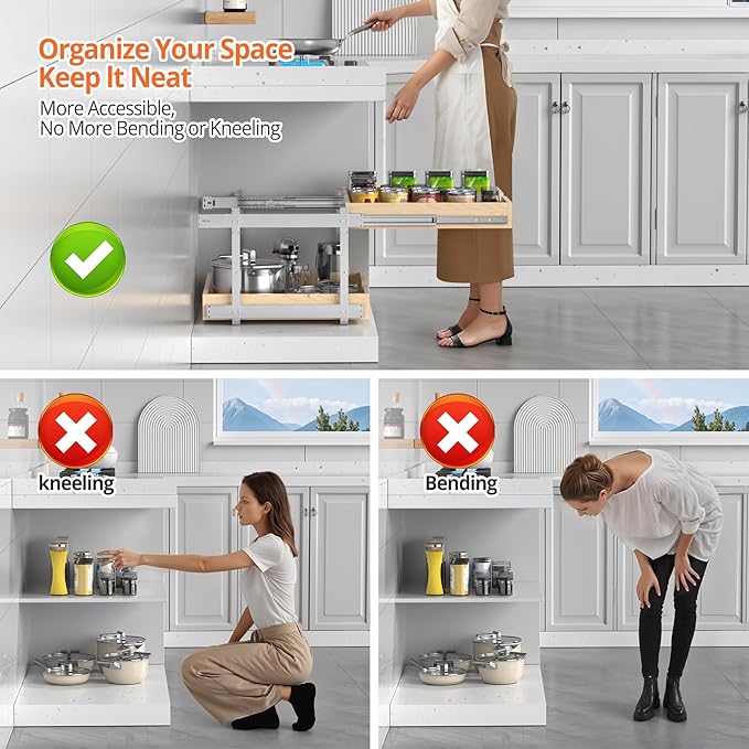 21" Deep 2-Tier Pull Out Cabinet Organizer - Wood Pull Out Drawers | Slide Out Shelves, Full-Extension, Ball-Bearing Slides, 3 Adjustable Heights (2-Tier, 23'W X 21''D Overall)