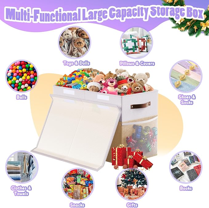 Large Toy Storage Box with Lid & Dividers, Kids Toy Chest, Beige and White | Toy Box for Boys, Girls, Nursery, Bedroom, Living Room, Playroom, 25 x 13 x 16 inches