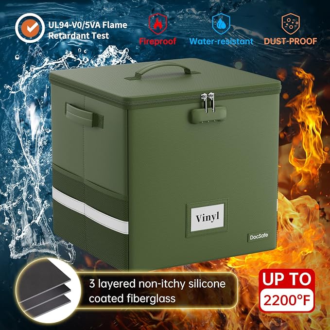 DocSafe Vinyl Record Storage Box with Lock, Fireproof＆Water Resistant Record Organizer for 100+ Single Records(12-inch), Collapsible Storage Crate with Lid&Handles for Valuable Album Collection,Green