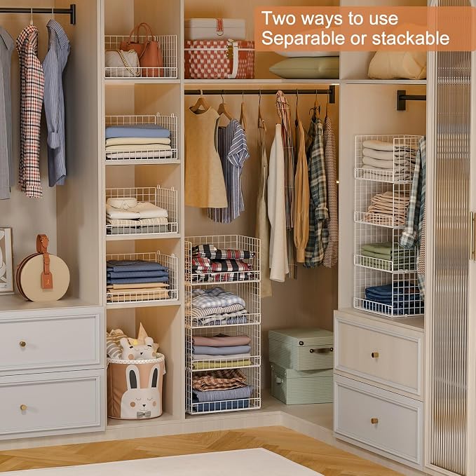 Yociyoga 4-Tier Stackable Closet Organizers and Storage Basket, Foldable Closet Shelf Organizer System, Space-Saving Clothes Storage Drawer Organizer for Wardrobe, White ((Patent 30022416))