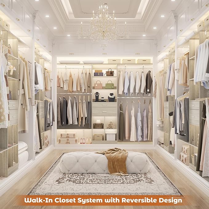 Besiost Closet System - 8FT Closet Organizer System with Wooden Drawers, 96" Closet Systems for Nursery & Walk-In Closets with Cuttable Hanging Shelving, Greige Oak