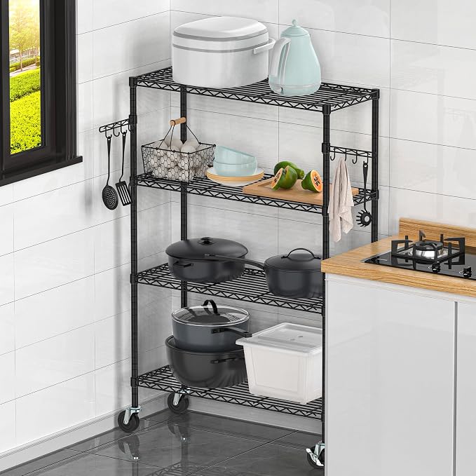 Folews 4-Tier Shelving Unit with Wheels, Metal Rolling Storage Shelves | NSF Certified, Adjustable Layer, Steel Wire Shelving Rack for Kitchen Garage Pantry Home Office, Black (14D x 36W x 57H)