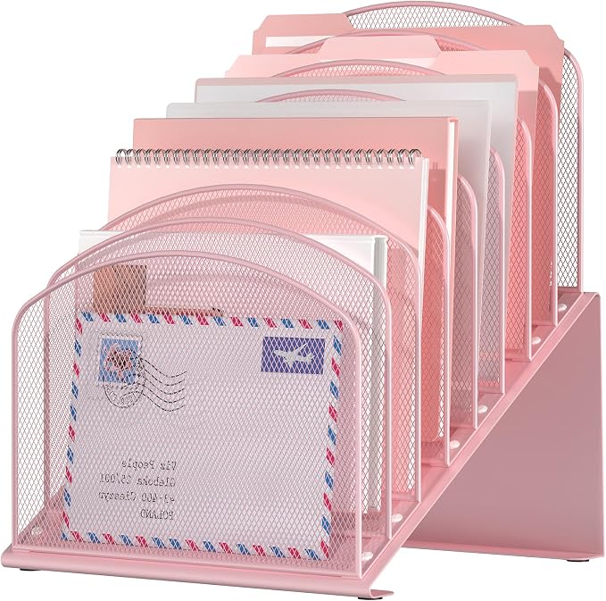 Inclined Desk File Organizer, 8-Section Upright Desk Organizer Standing File Sorter for Office Classroom Desktop Organization (Pink, 8)