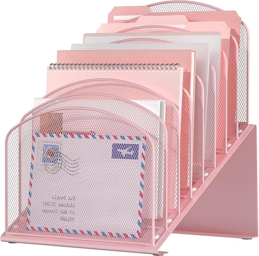 Inclined Desk File Organizer, 8-Section Upright Desk Organizer Standing File Sorter for Office Classroom Desktop Organization (Pink, 8)