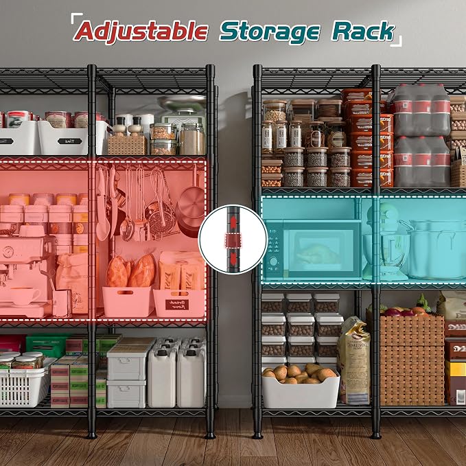 REIBII 78.4''W Storage Shelves, 1500LBS Heavy Duty&Space Saving for Garage | 4 Tier Adjustable Wire Shelving, Powder Coated, Tool-Free Metal Shelving, Scratch Resistant, Rust-resistant, three regular