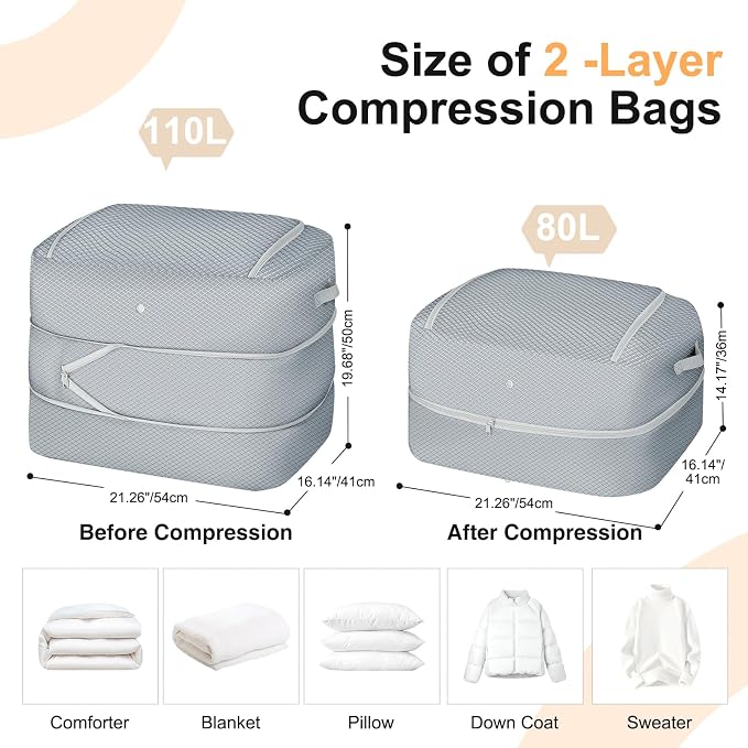 Comforter Storage Bag - 110L Large Capacity Blanket Storage Bags 2-Layer Ultra Space Saving Self Compression Organizer, Washable Compression Bags for Storage Comforter Blanket, 6-Pack, Grey