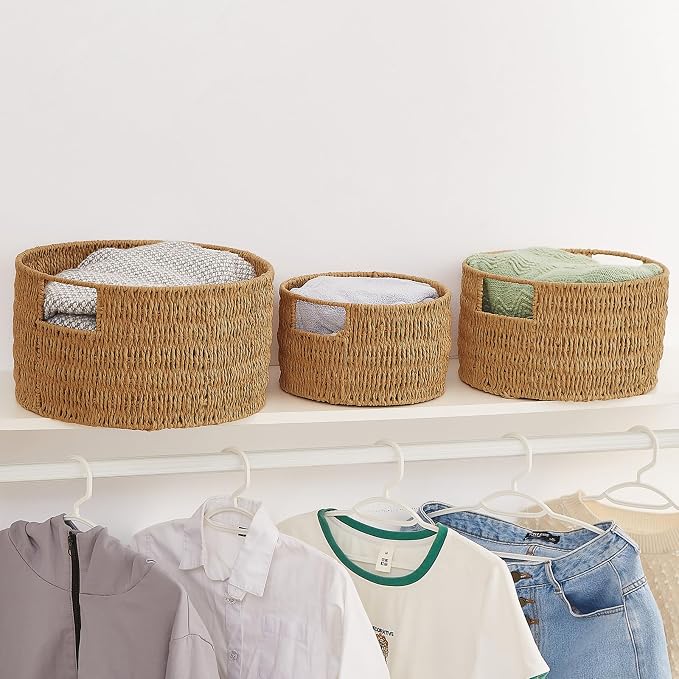 Wicker Storage Basket, Hand-Woven Paper Rope Large Round Woven Basket With Handles, Wicker Baskets for Organizing/Storage, Natural, 3-Pack