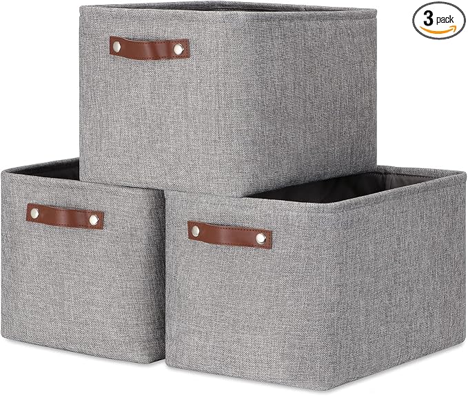 DULLEMELO Medium Storage Baskets for Organizing, Rectangular Fabric Storage Bins Collapsible, Perfect for Shelves, Closets, Nursery, Home, Office, Empty Gift Baskets (3-Pack,Grey)