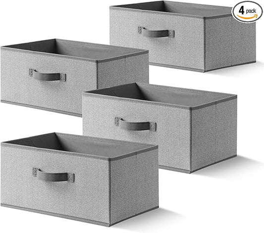 Storage Baskets, 15.7 Inch Woven Fabric Bins, Storage Cubes with Reinforced Handles, Organizer Bins for Closet Shelves, Foldable, for Toys, Clothes (4PCS/Grey-15.7*11*7.8inch)