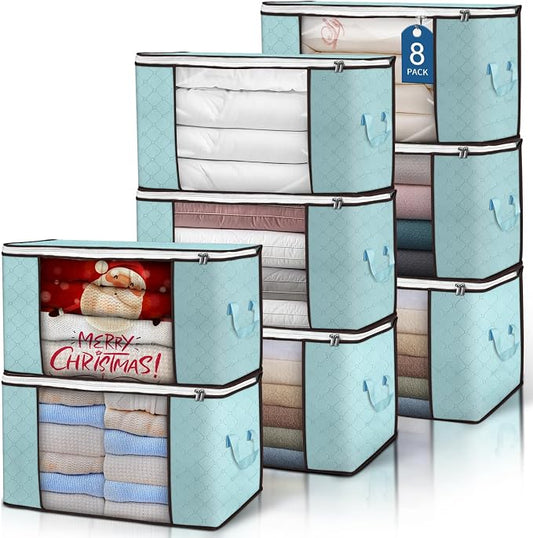 90L Large Storage Bags, 8 Pack Clothes Storage Bins Closet Organizers | Foldable Storage Containers, with Reinforced Handle, for Clothing, Blanket, Comforters, Bed Sheets, Pillows and Toys,Blue