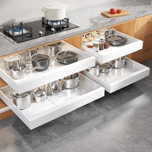 Seinloes 4 Pack Expandable Width (15.15"-26.3") Pull Out Cabinet Organizer 21" Deep with Raising Pad for Framed Cabinets, Upgrade 3 Slide Rails Slide Out Drawers, Roll Out Shelves Adhesive, White