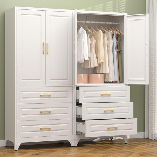 Polup 71" White Metal Armoire Wardrobe Closet with Doors and 3 Drawers | Freestanding Tall Steel Clothing Storage Cabinet, 180lbs Adjustable Shelves, Hanging Rod, for Bedroom, Office, Laundry
