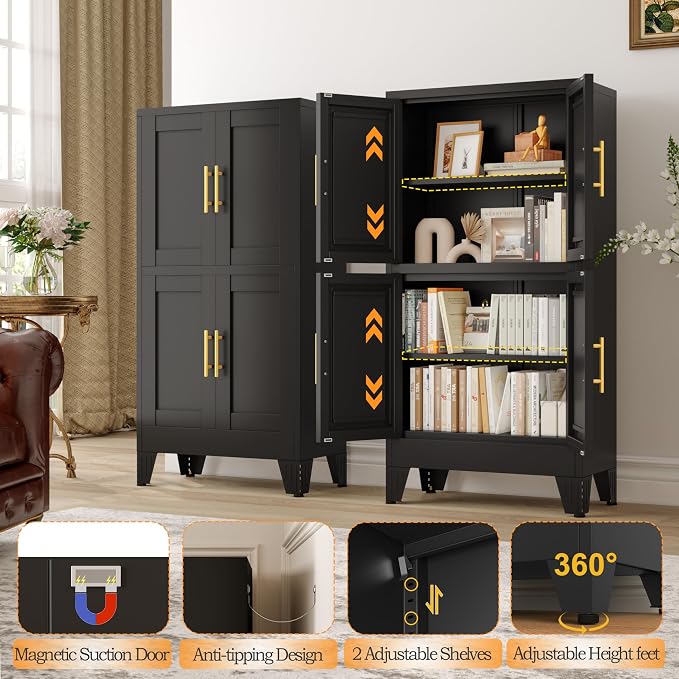 GAIOUS 47.25" Metal Storage Cabinet, Black Kitchen Food Storage with 4 Door and 2 Adjustable Shelves, Freestanding Bathroom Cabinet, Pantry for Kitchen Dinning Room, Cupboard