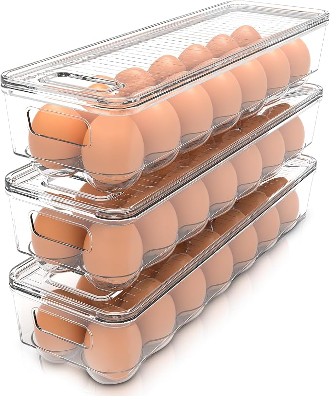 Utopia Home Egg Container With Lid and Handle for Refrigerator - Pack of 3 - Clear Stackable Egg Holder for Kitchen Storage and organization