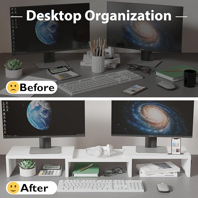 BONTEC Dual Monitor Stand Riser, Adjustable Length & Swivel Angle, White | Ergonomic Wooden Desktop Organizer with Smartphone Holder, Computer Monitor Stand for PC, Laptop, Printer and Large Storage