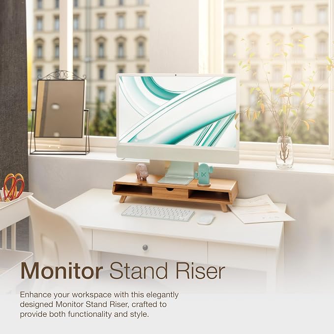 TINAMO Acacia Wood Monitor Stand with Drawer - Wooden Monitor Riser for Desk - Computer Monitor Stand for Desk - Multi-Purpose Desktop Storage Stand for Computer; Laptop; Printer; TV - 24.4 " x 8" x 5" (Patented)