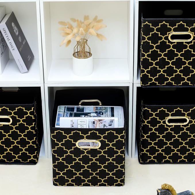 Fabric storage bins Cubes, Fabric Cube Organizer with Handle, Foldable Cube Bins for Cloth or Accessary Storage, 11x11x11, Set of 3, (Black Gold)