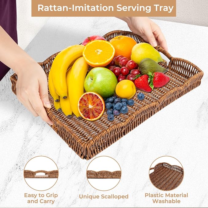 Rectangle Wicker Scalloped Tray, Hand Woven Synthetic Rattan Serving Tray with Handles, Coffee Table Decorative Tray Basket for Modern Boho Rustic Home Ornament or Organizing (Brown)