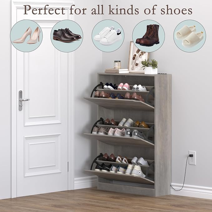 BORNOON Shoe Cabinet with Odor Control and Back Panels, Deodorizing Slim 3-Flip Shoe Storage Cabinet for Entryway, Freestanding Hidden Shoe Rack Organizer for Entrance, Hallway, Bedroom