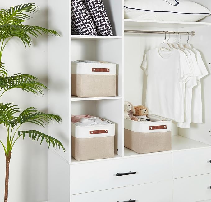 DECOMOMO Storage Bins, Large Fabric Storage Baskets for Shelves 3 Pack | 15 x 11 x 9.5 inches Decorative Linen Closet Organizers with Handles(Beige and White)