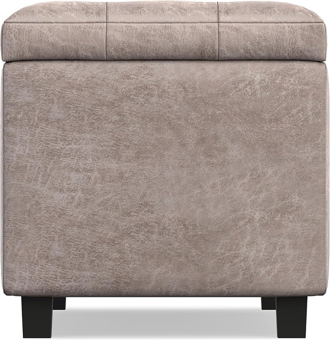 SIMPLIHOME Cosmopolitan 34" Wide Vegan Leather Storage Ottoman in Soft Blue | Distressed grey taupe, transitional storage ottoman with tufting and lift-up lid; rectangle storage bench for living room.