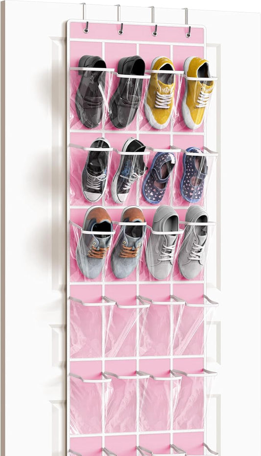 Simple Houseware 24 Pockets Clear Over the Door Shoe Organizer, Pink | 64" x 19", 4 Durable Metal Hooks, 4.3" x 9.5" Pocket Size, Multipurpose