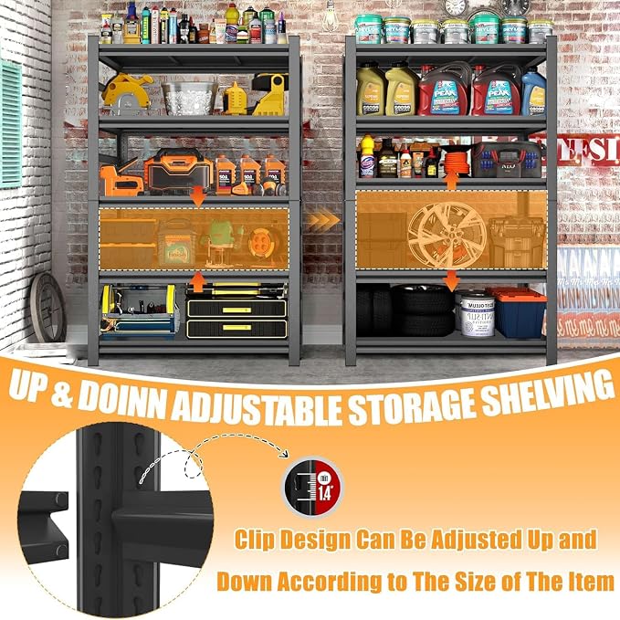 72''H Metal Garage Shelving Heavy Duty Storage Shelves Series, Large Industrial 5tier Shelving Unit for Basement, Business, Factories, Commercial, Warehouse and Workshop, with Side Retaining Bars