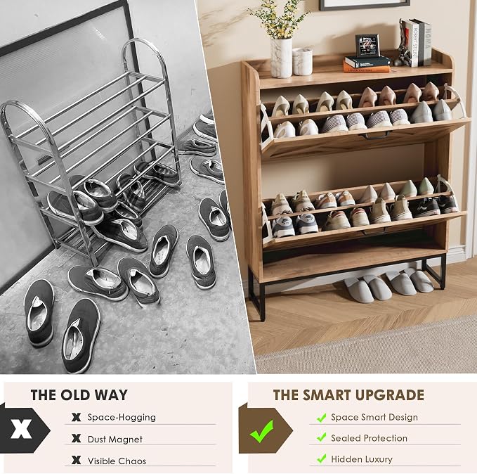 Nicetree Shoe Storage Cabinet with 2 Flip Drawers, Entryway Organizer, Oak | Slim Shoe Cabinet with Metal Legs, Narrow Farmhouse Shoe Organizer for Entryway, Foyer, Hallway, Wood Shoe Rack with Hook