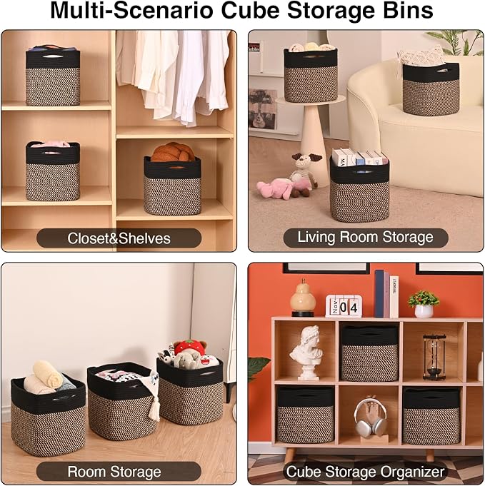 ICERZCZ 11 Inch Cube Storage Bins, Storage Cube Organizer Bins, Woven Cotton Rope Baskets for Storage, Storage Basket for Organizing Shelves, Square Baskets for Toys Nursery, Black & Jute (Pack of 3)