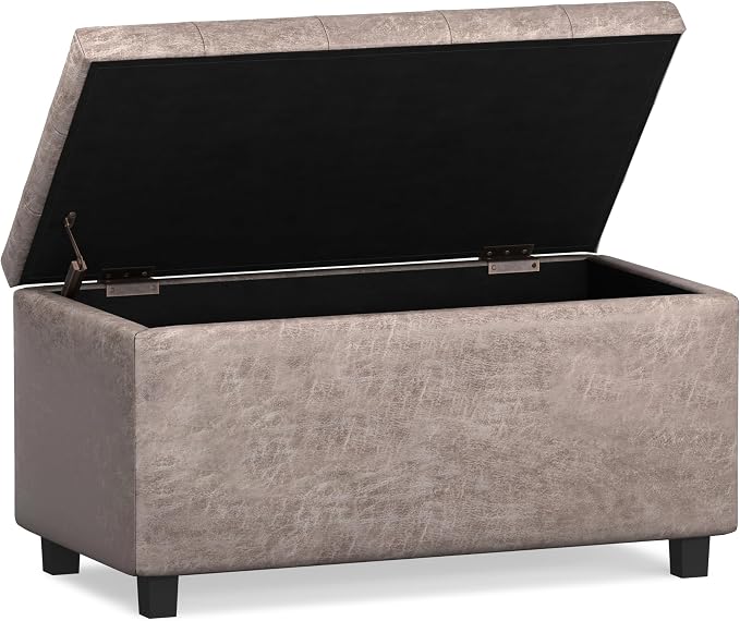 SIMPLIHOME Cosmopolitan 34" Wide Vegan Leather Storage Ottoman in Soft Blue | Distressed grey taupe, transitional storage ottoman with tufting and lift-up lid; rectangle storage bench for living room.