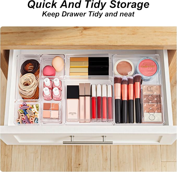 SMARTAKE 7 PCS Drawer Organizer, 4-Size Desk Drawer Organizer Trays | Storage Tray with Non-Slip Silicone Pads for Makeup, Jewelries, Utensils in Bedroom Dresser, Office and Kitchen (Clear)