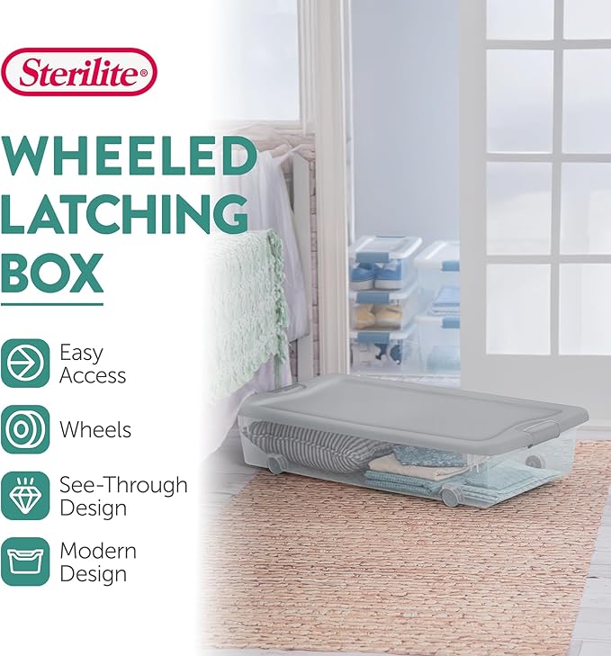Sterilite Wheeled Latching Box w/Lids for Home & Office, 56 Quart, 4-Pack | Heavy-Duty and Stackable Plastic Containers with Latches for Closet, Cabinet, Bedroom, Bathroom and Dorm Room Organization