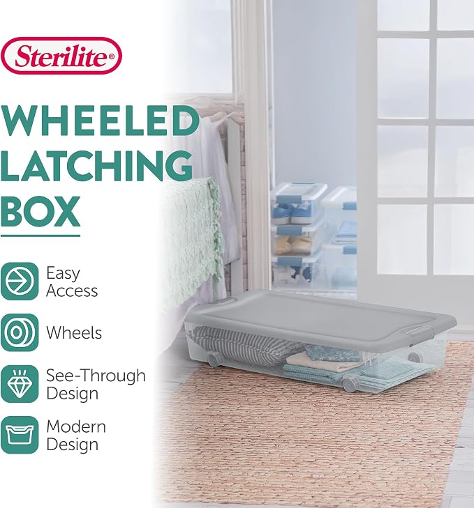 Sterilite 8-Pack Wheeled Latching Box, Under Bed Storage Containers, 56 Qt, Silver - Stackable Plastic Organizer Bins with Lids for Clothes, Shoes, Craft, and Bedroom Organization
